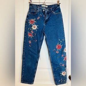 TopShop Floral Embroided Moto Mom Jeans